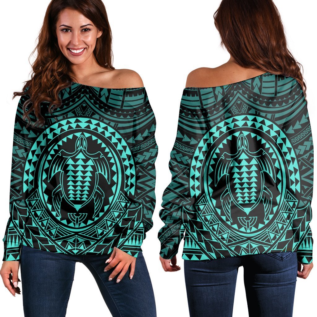 Hawaiian Kakau Honu Arc Polynesian Turquoise Women's Off Shoulder Sweater - AH Black - Polynesian Pride