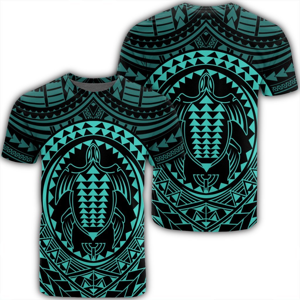 Hawaiian Kakau Honu Arc Polynesian Turquoise T Shirt Unisex Black - Polynesian Pride