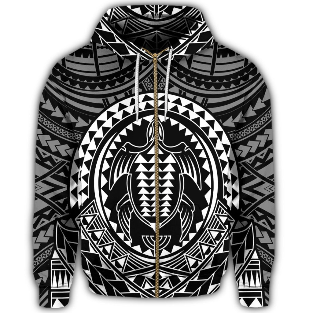 Hawaiian Kakau Honu Arc Polynesian White Zip Hoodie - Polynesian Pride