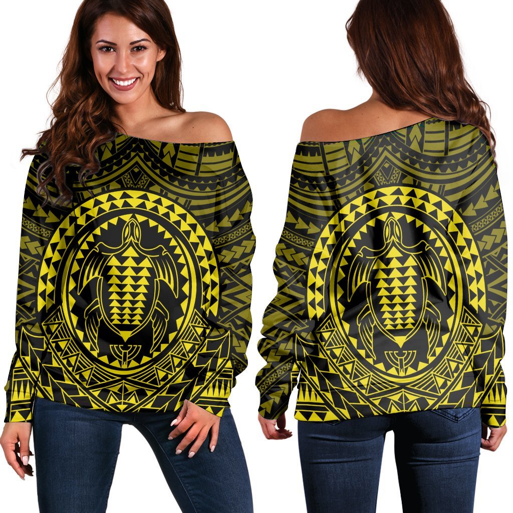 Hawaiian Kakau Honu Arc Polynesian Yellow Women's Off Shoulder Sweater - AH Black - Polynesian Pride