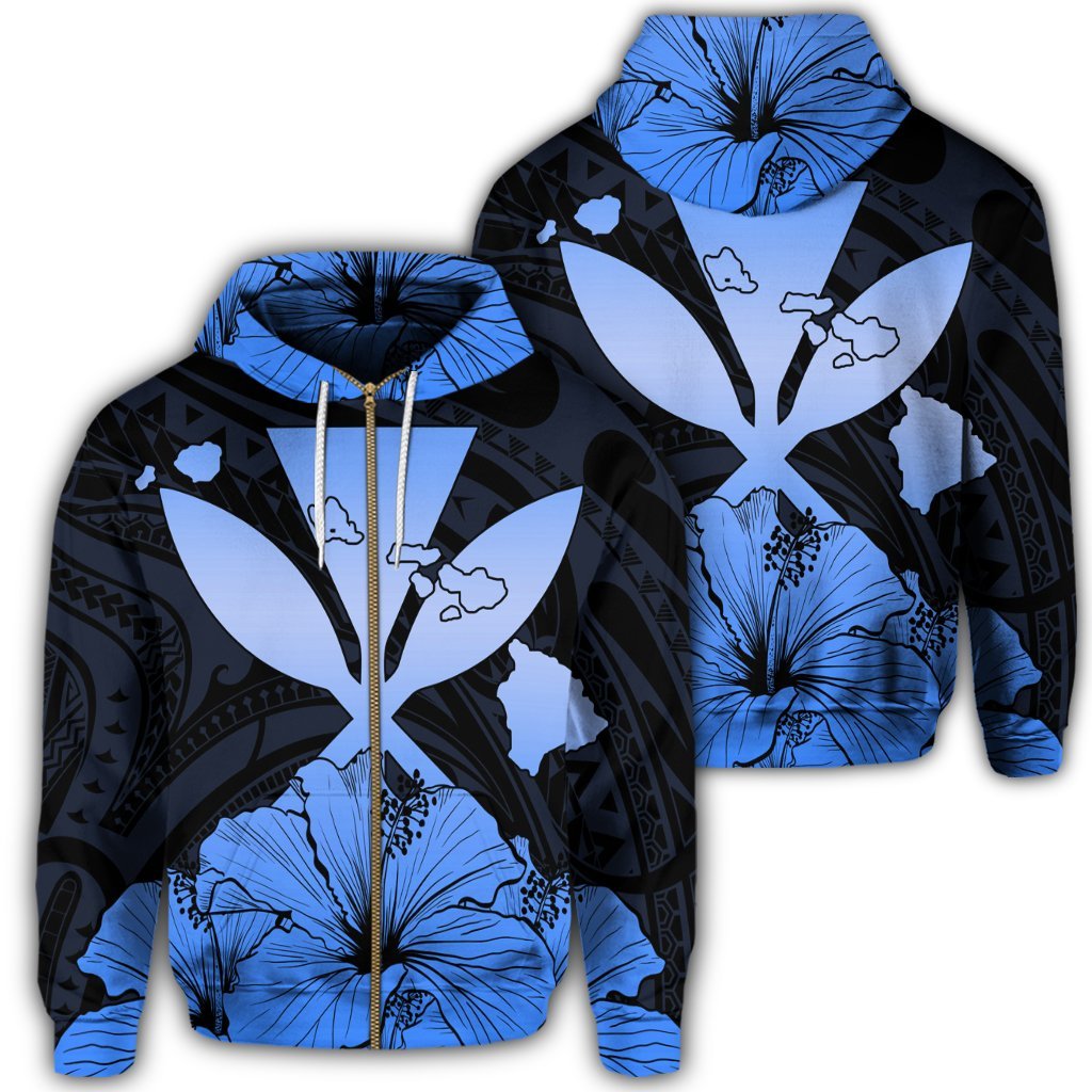 Hawaiian Kanaka Zip Hoodie Hibiscus Polynesian Love Blue Unisex Art - Polynesian Pride