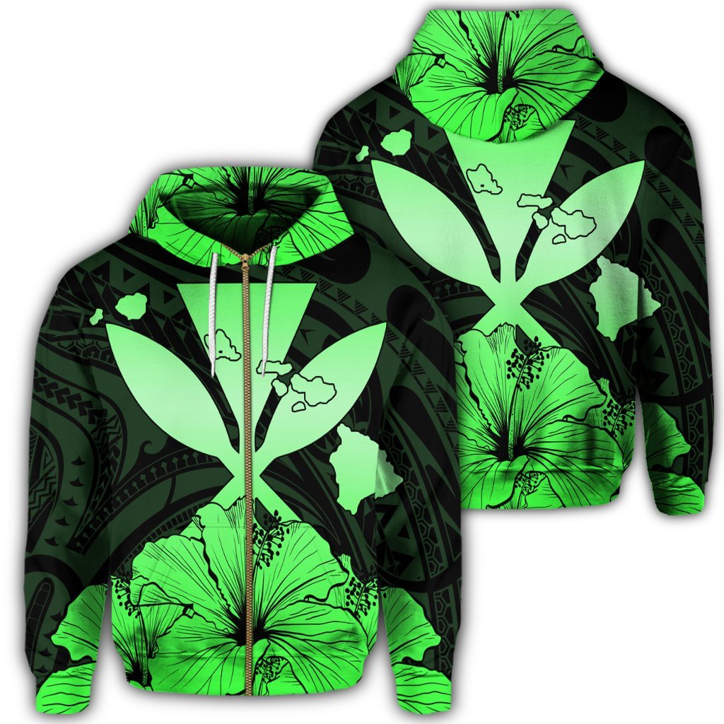 Hawaiian Kanaka Zip Hoodie Hibiscus Polynesian Love Green Unisex Art - Polynesian Pride