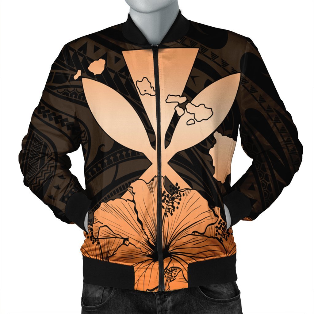 Hawaiian Kanaka Bomber Jacket Hibiscus Polynesian Love - Orange - AH Black Unisex - Polynesian Pride