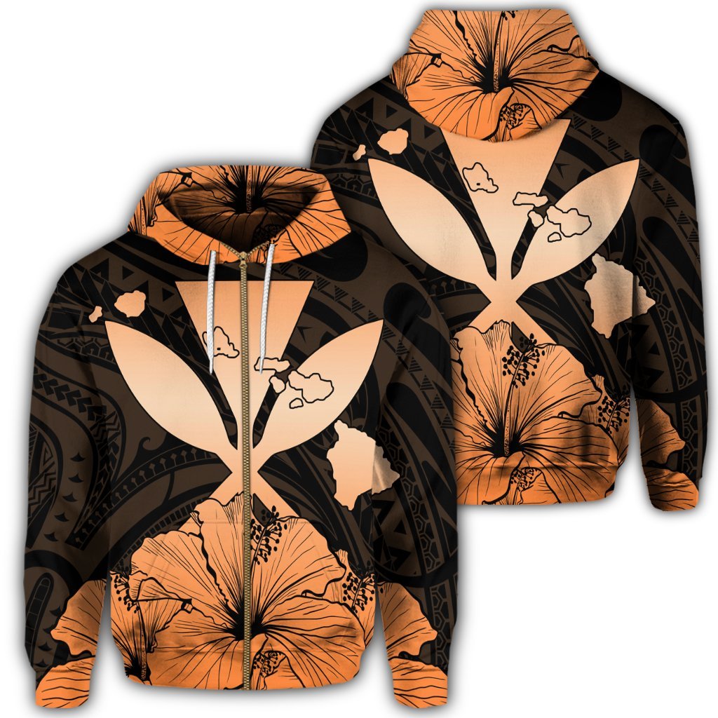 Hawaiian Kanaka Zip Hoodie Hibiscus Polynesian Love Orange Unisex Art - Polynesian Pride