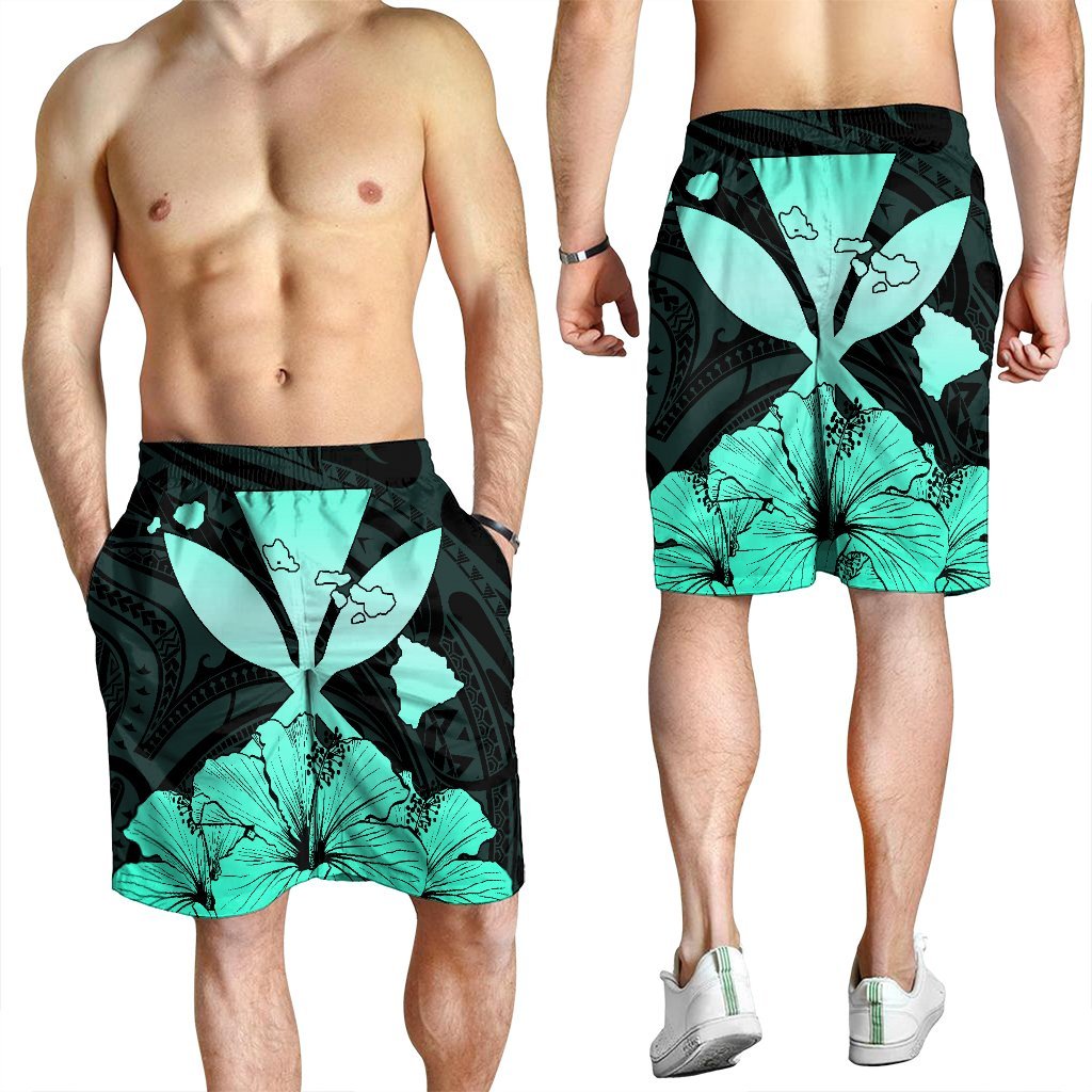 Hawaiian Kanaka Men's Shorts Hibiscus Polynesian Love - Turquoise - AH - Polynesian Pride