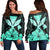 Hawaiian Kanaka Women's Off Shoulder Sweater Hibiscus Polynesian Love - Turquoise - AH Black - Polynesian Pride