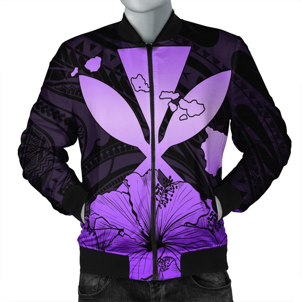 Hawaiian Kanaka Bomber Jacket Hibiscus Polynesian Love - Violet - AH Black Unisex - Polynesian Pride