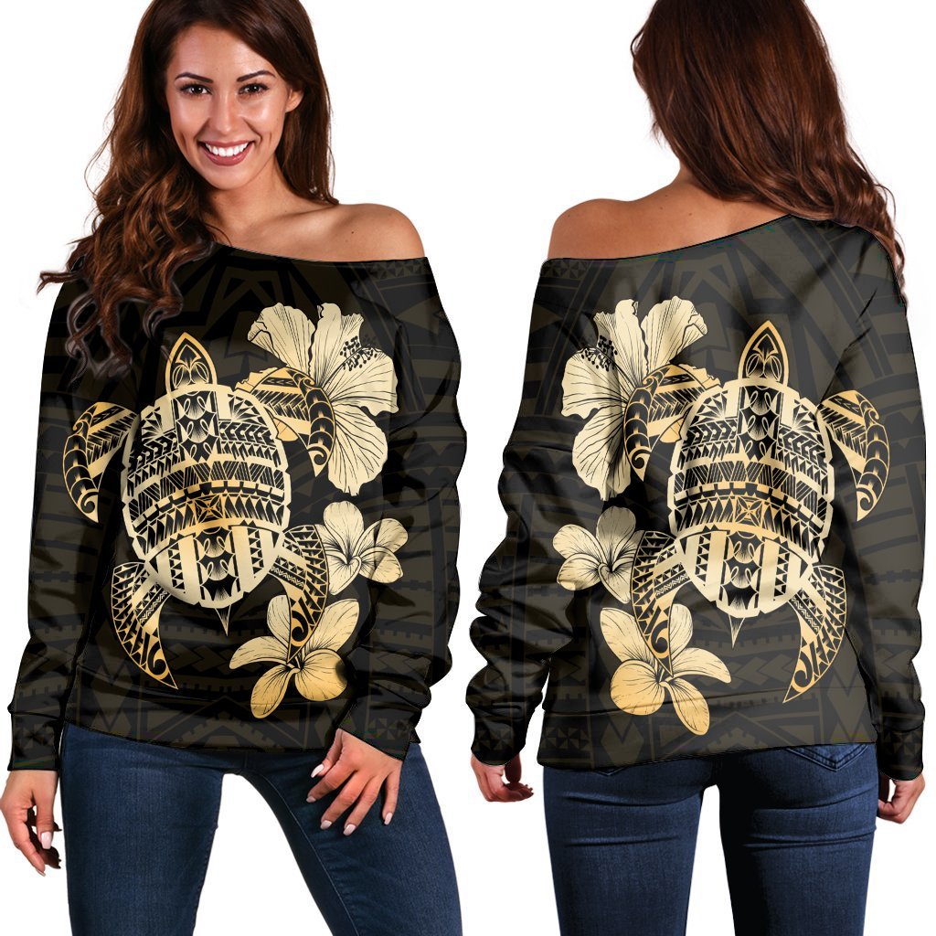 Hawaiian Kanaka Hibiscus Plumeria Mix Polynesian Turtle Women's Off Shoulder Sweater - AH Black - Polynesian Pride