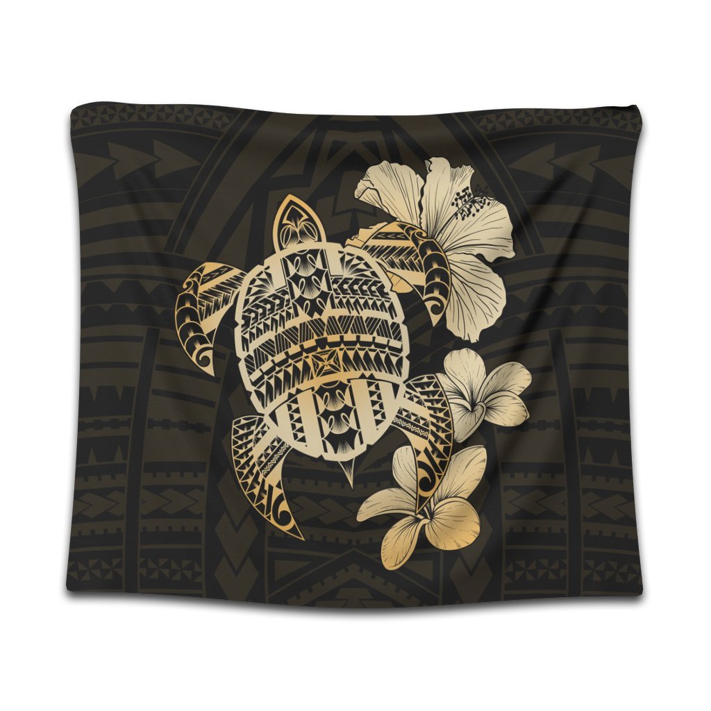 Hawaiian Kanaka Hibiscus Plumeria Mix Polynesian Turtle Tapestry - AH Wall Tapestry Black - Polynesian Pride