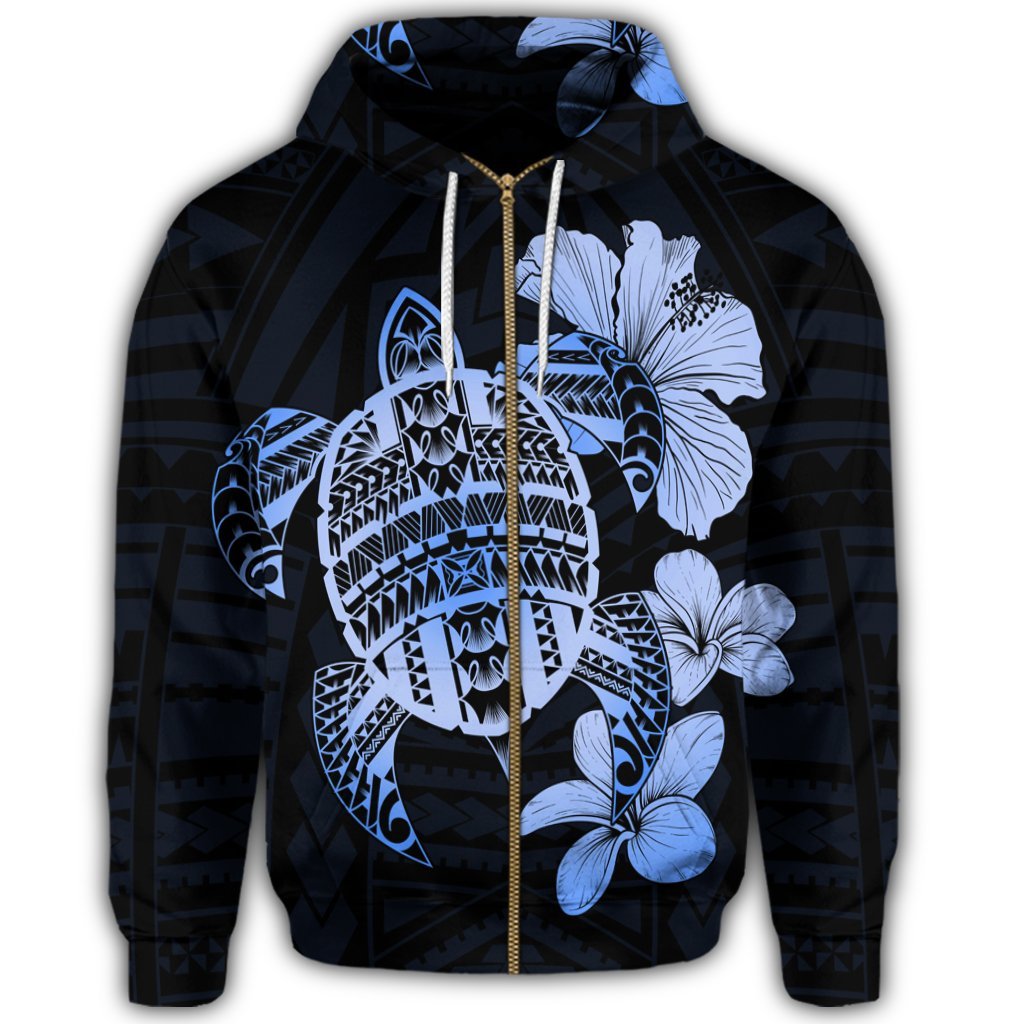 Hawaiian Kanaka Hibiscus Plumeria Mix Polynesian Turtle Zip Hoodie Blue - Polynesian Pride