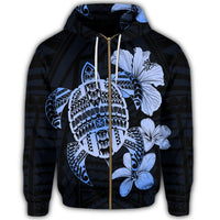 Hawaiian Kanaka Hibiscus Plumeria Mix Polynesian Turtle Zip Hoodie Blue - Polynesian Pride