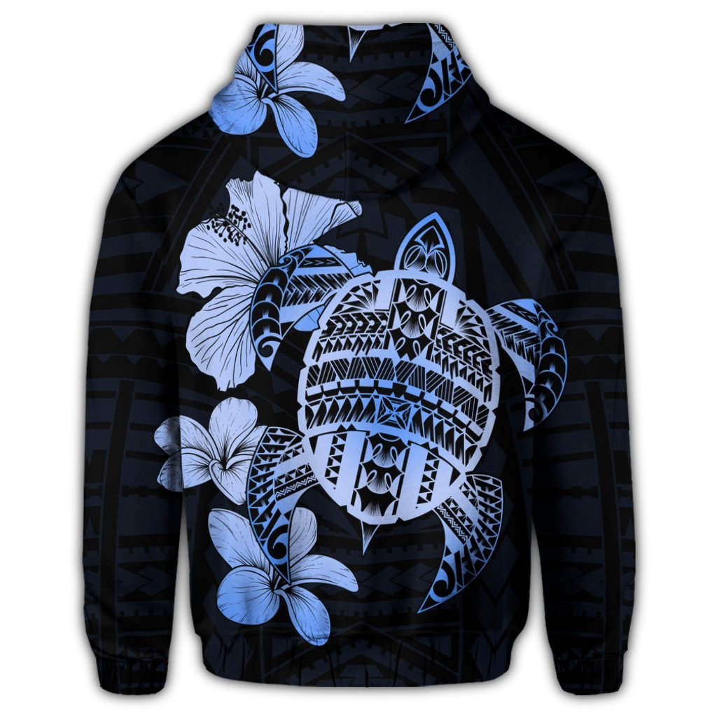 Hawaiian Kanaka Hibiscus Plumeria Mix Polynesian Turtle Zip Hoodie Blue - Polynesian Pride