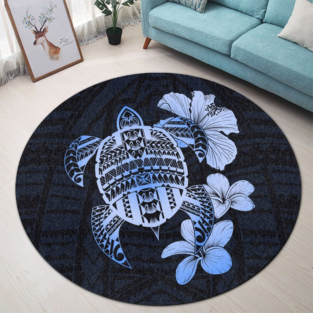 Hawaiian Kanaka Hibiscus Plumeria Mix Polynesian Turtle Round Carpet - Blue - AH - Polynesian Pride
