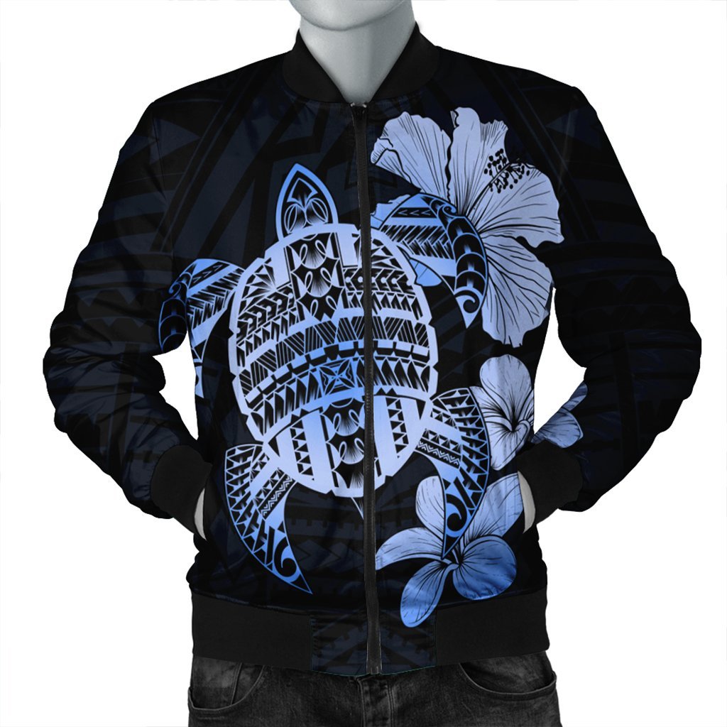 Hawaiian Kanaka Hibiscus Plumeria Mix Polynesian Turtle Bomber Jacket - Blue - AH Black Unisex - Polynesian Pride