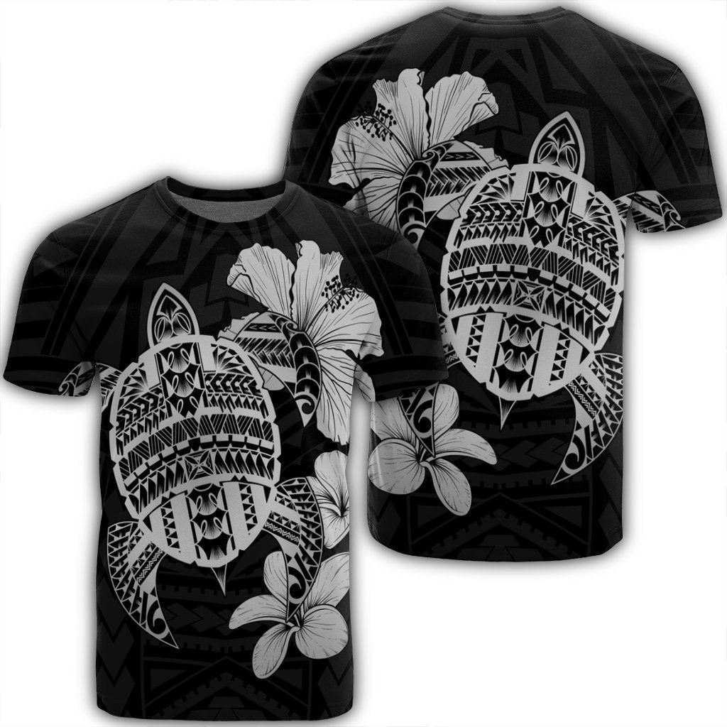 Hawaiian Kanaka Hibiscus Plumeria Mix Polynesian Turtle T Shirt Gray Unisex Black - Polynesian Pride