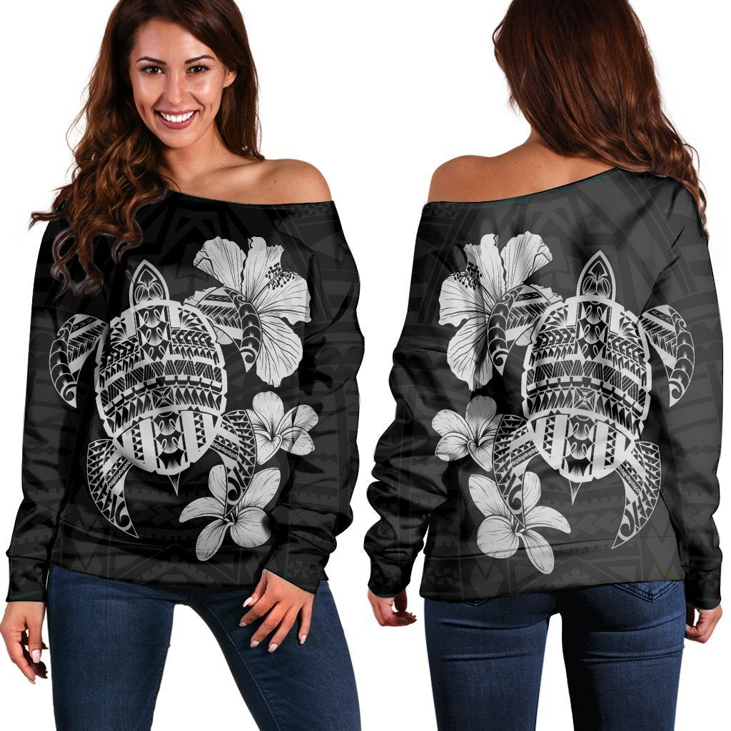 Hawaiian Kanaka Hibiscus Plumeria Mix Polynesian Turtle Women's Off Shoulder Sweater - Gray - AH Black - Polynesian Pride