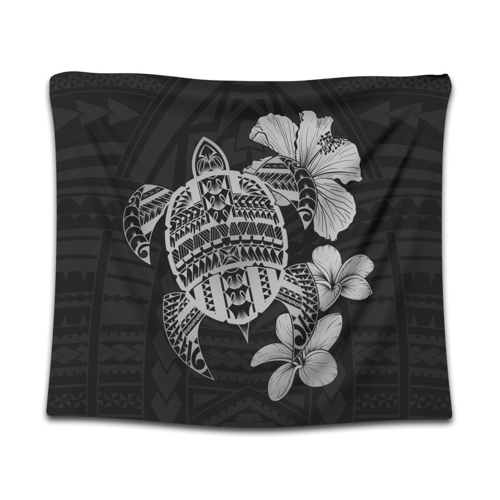 Hawaiian Kanaka Hibiscus Plumeria Mix Polynesian Turtle Tapestry - Gray - AH Wall Tapestry Black - Polynesian Pride