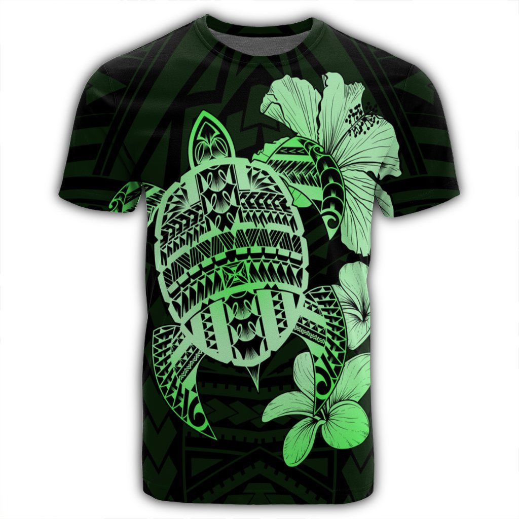 Hawaiian Kanaka Hibiscus Plumeria Mix Polynesian Turtle T Shirt Green - Polynesian Pride