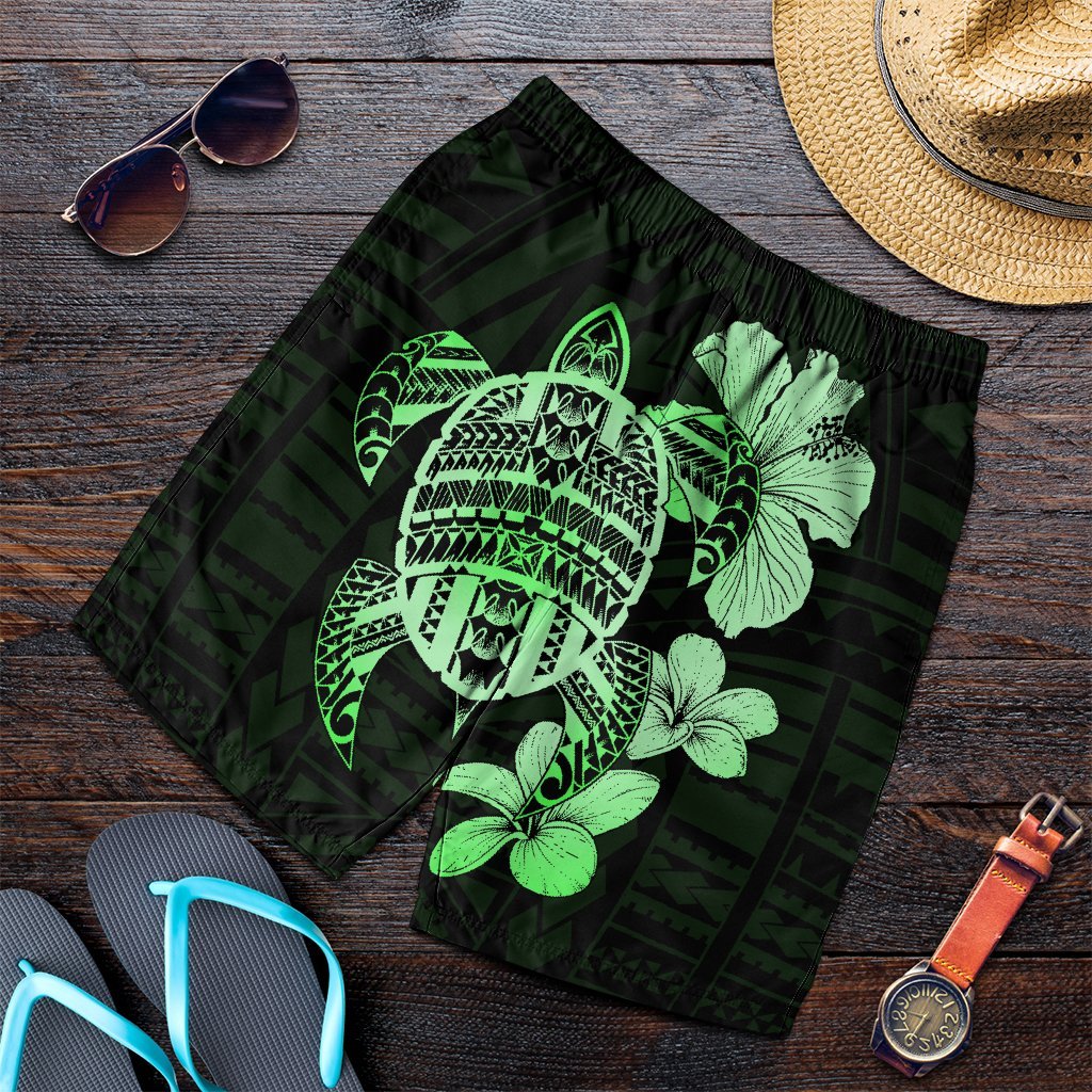 Hawaiian Kanaka Hibiscus Plumeria Mix Polynesian Turtle Men's Shorts - Green - AH Art - Polynesian Pride