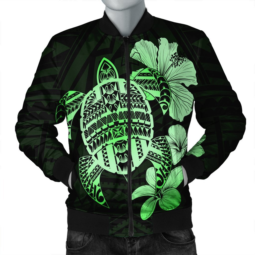 Hawaiian Kanaka Hibiscus Plumeria Mix Polynesian Turtle Bomber Jacket - Green - AH Black Unisex - Polynesian Pride