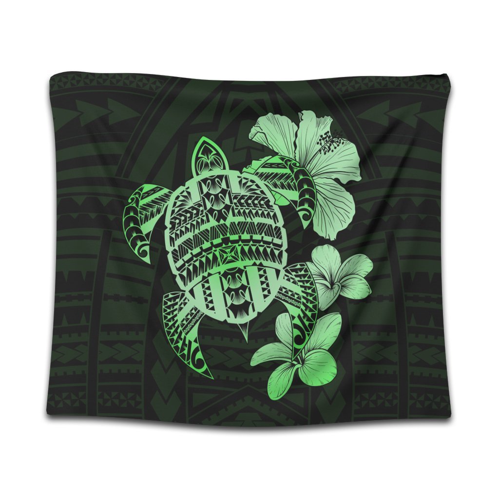 Hawaiian Kanaka Hibiscus Plumeria Mix Polynesian Turtle Tapestry - Green - AH Wall Tapestry Black - Polynesian Pride