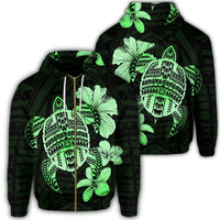 Hawaiian Kanaka Hibiscus Plumeria Mix Polynesian Turtle Zip Hoodie Green Unisex Art - Polynesian Pride