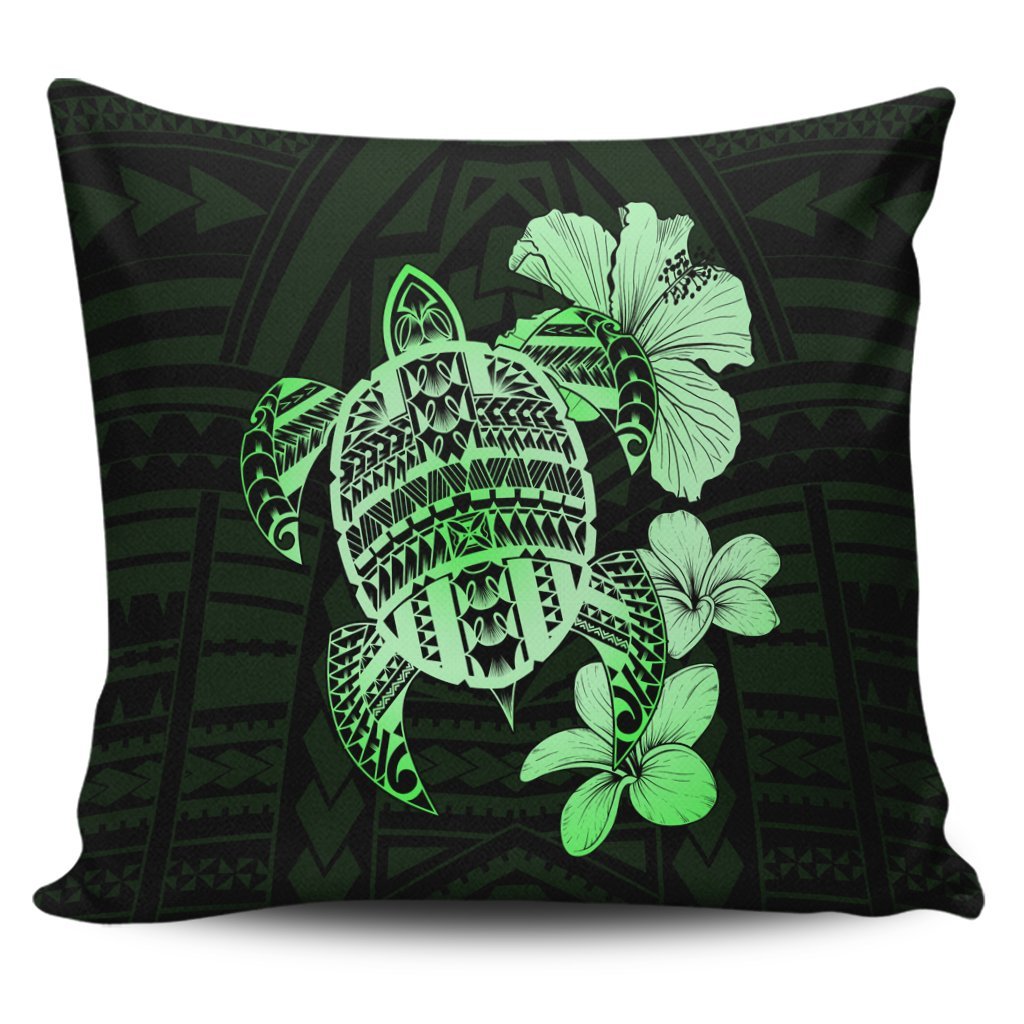 Hawaiian Kanaka Hibiscus Plumeria Mix Polynesian Turtle Pillow Covers - Green - AH Pillow Covers Black - Polynesian Pride