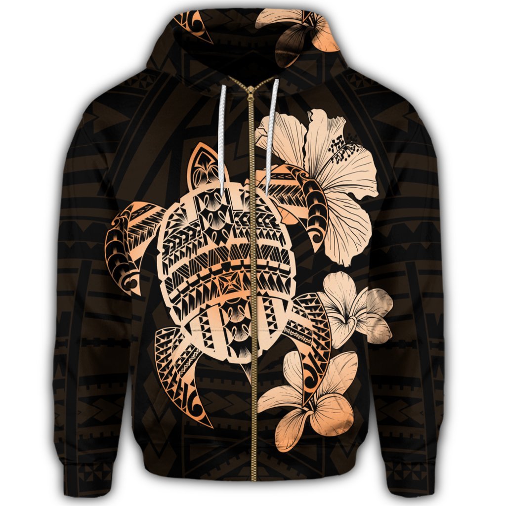 Hawaiian Kanaka Hibiscus Plumeria Mix Polynesian Turtle Zip Hoodie Orange - Polynesian Pride