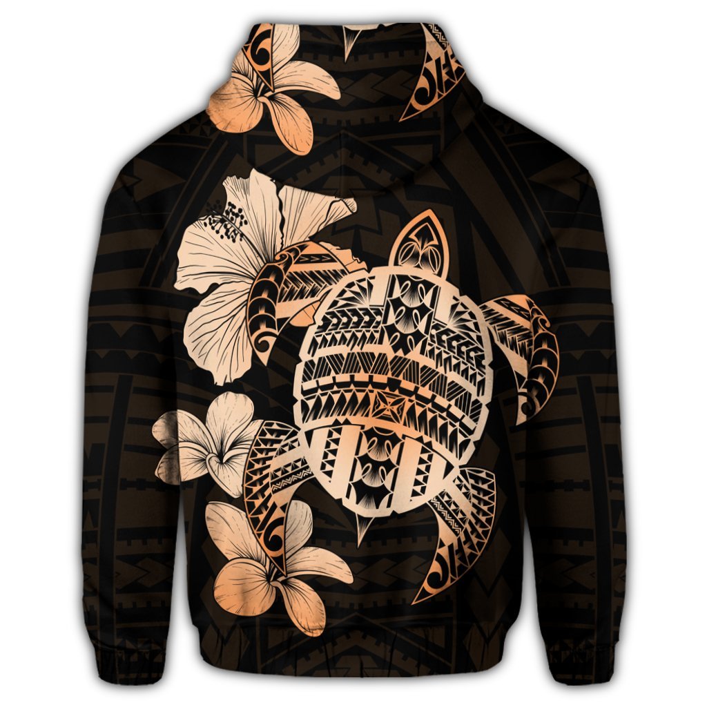 Hawaiian Kanaka Hibiscus Plumeria Mix Polynesian Turtle Zip Hoodie Orange - Polynesian Pride