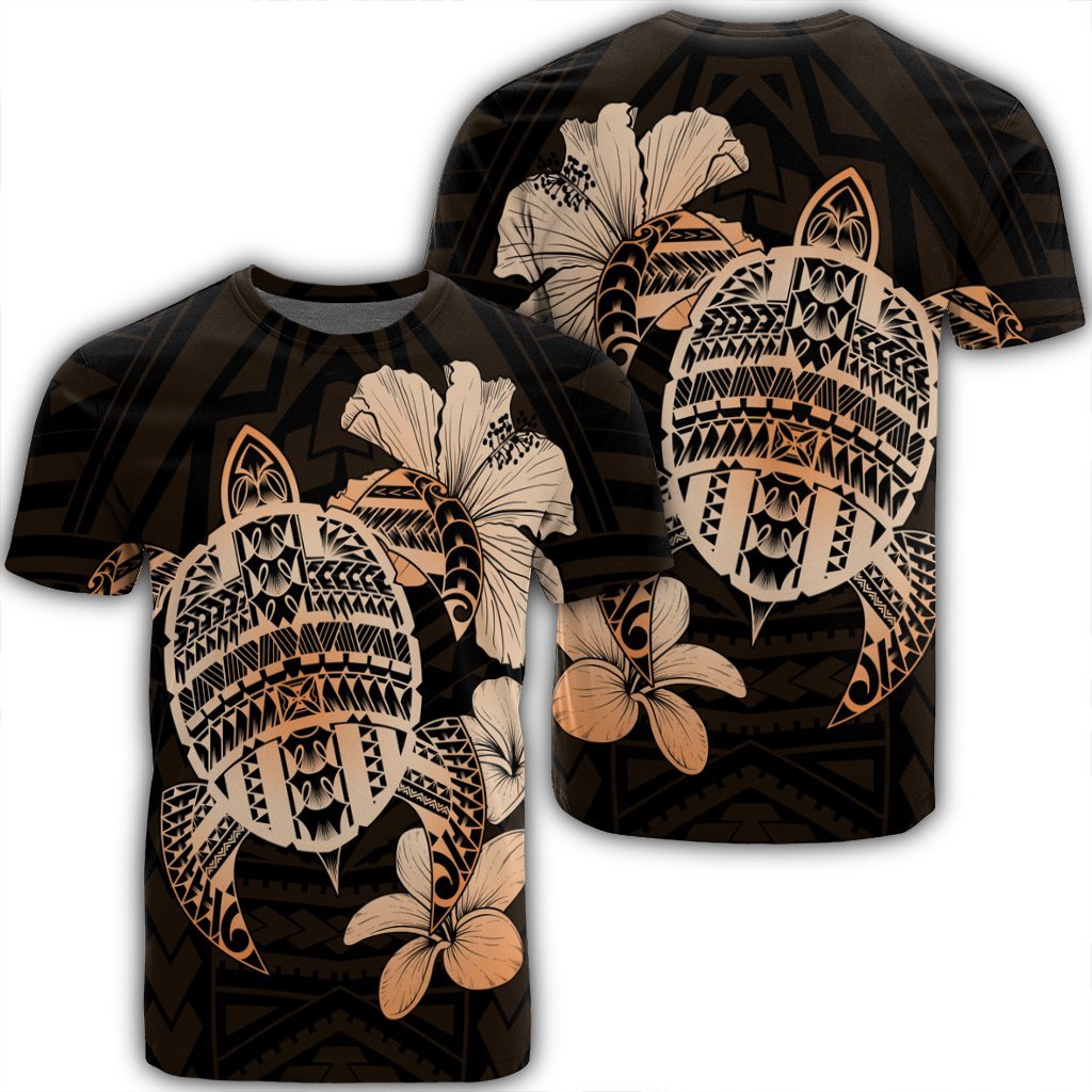 Hawaiian Kanaka Hibiscus Plumeria Mix Polynesian Turtle T Shirt Orange Unisex Black - Polynesian Pride