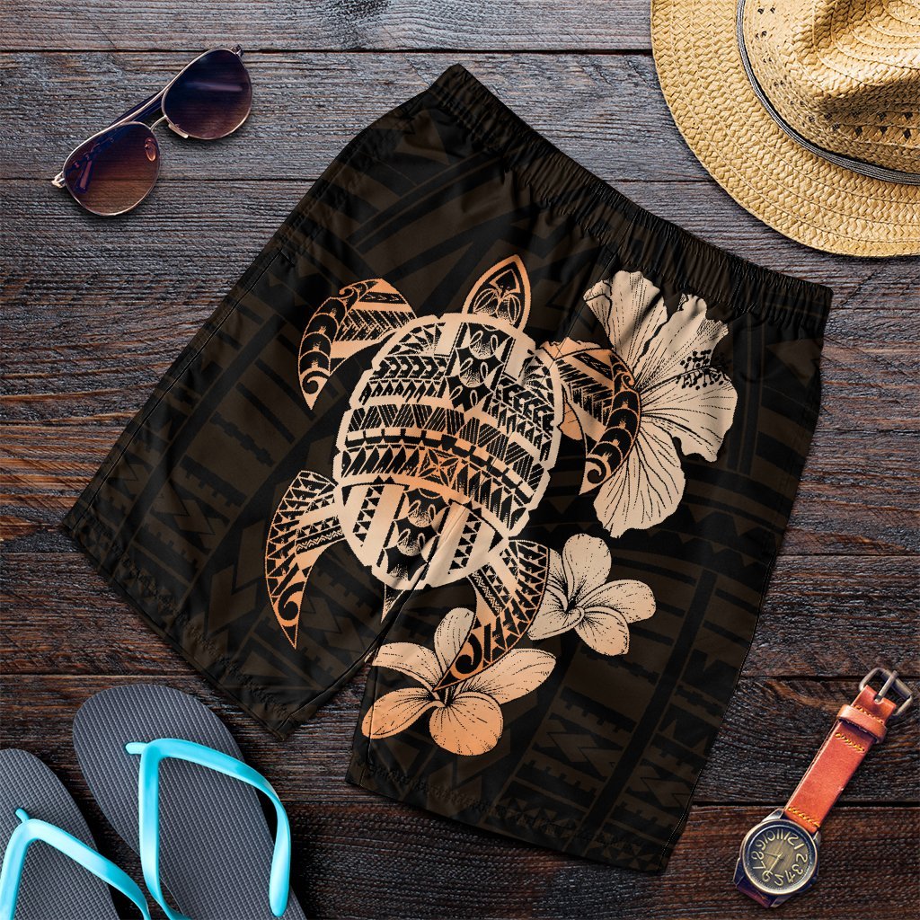 Hawaiian Kanaka Hibiscus Plumeria Mix Polynesian Turtle Men's Shorts - Orange - AH Art - Polynesian Pride