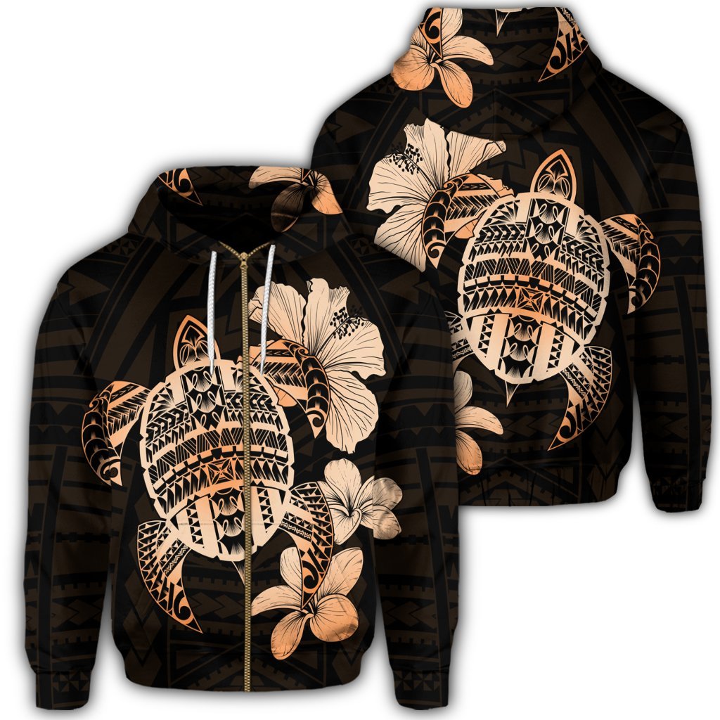Hawaiian Kanaka Hibiscus Plumeria Mix Polynesian Turtle Zip Hoodie Orange Unisex Art - Polynesian Pride