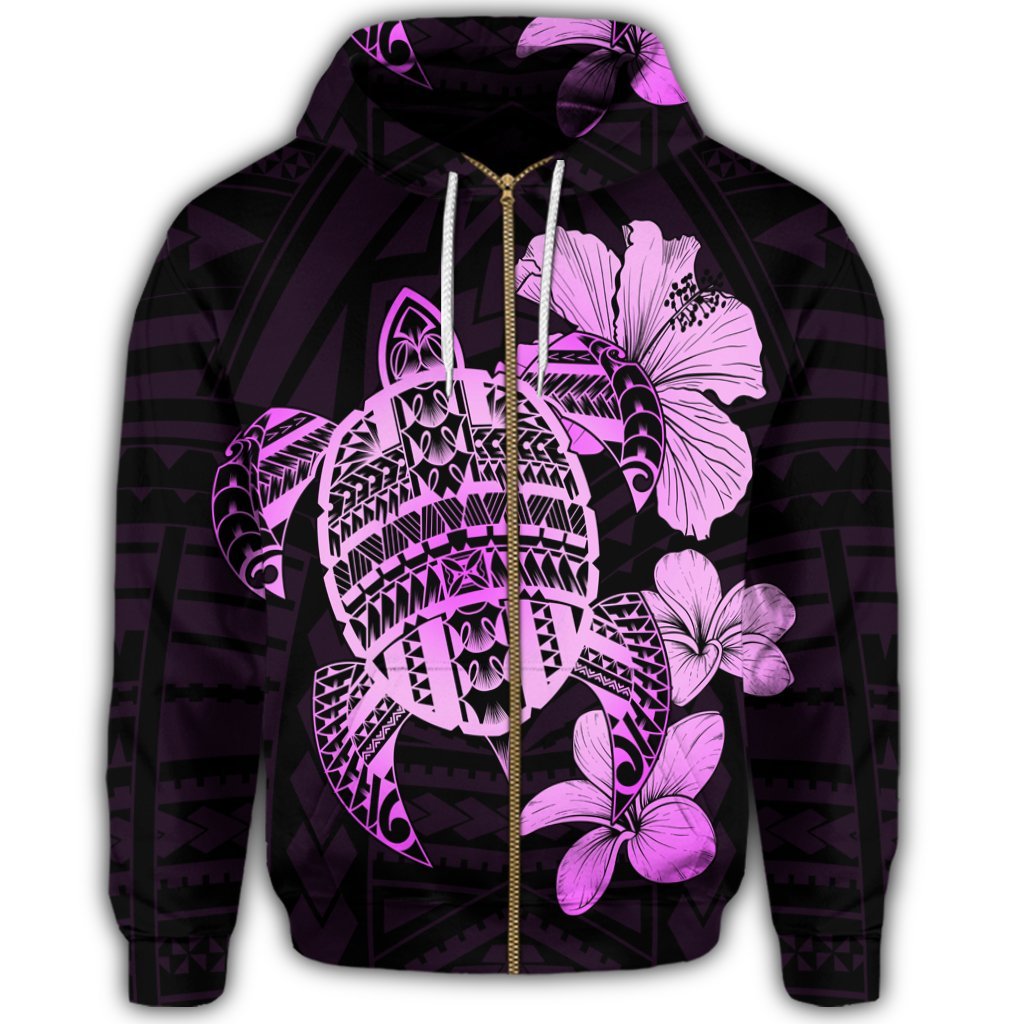 Hawaiian Kanaka Hibiscus Plumeria Mix Polynesian Turtle Zip Hoodie Pink - Polynesian Pride