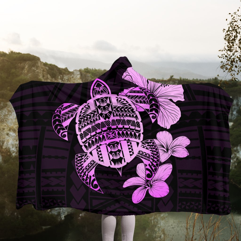 Hawaiian Kanaka Hibiscus Plumeria Mix Polynesian Turtle Hooded Blanket - Pink - AH - Polynesian Pride
