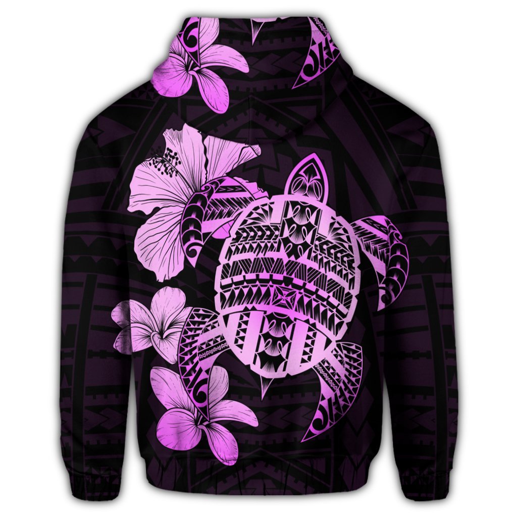 Hawaiian Kanaka Hibiscus Plumeria Mix Polynesian Turtle Zip Hoodie Pink - Polynesian Pride