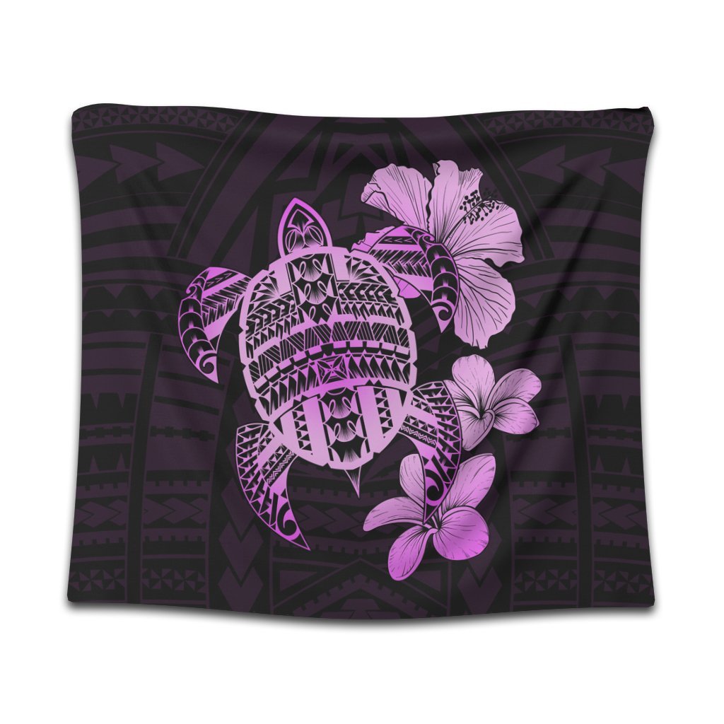 Hawaiian Kanaka Hibiscus Plumeria Mix Polynesian Turtle Tapestry - Pink - AH Wall Tapestry Black - Polynesian Pride