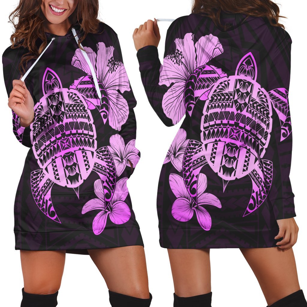 Hawaiian Kanaka Hibiscus Plumeria Mix Polynesian Turtle Hoodie Dress - Pink - AH Black - Polynesian Pride