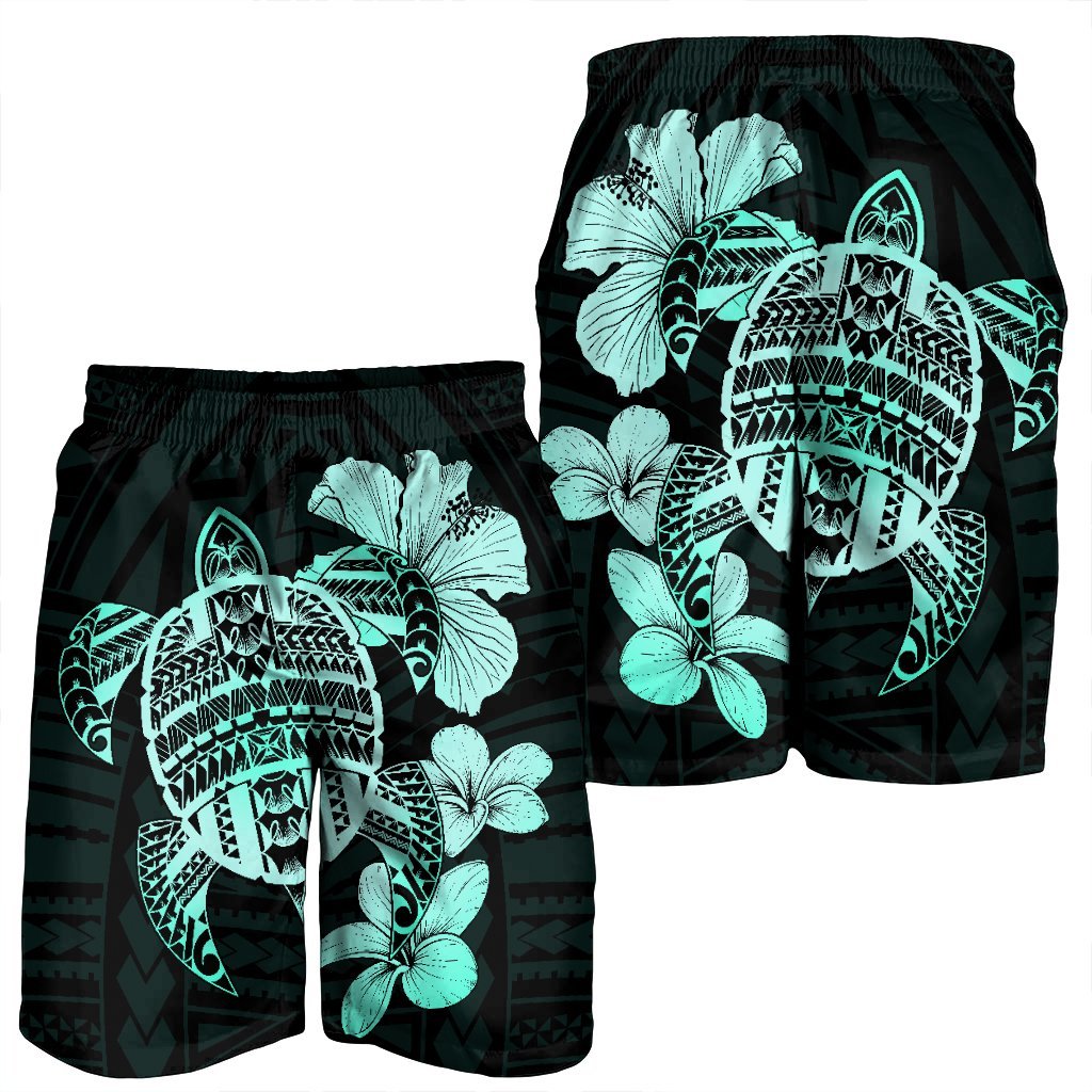 Hawaiian Kanaka Hibiscus Plumeria Mix Polynesian Turtle Men's Shorts - Turquoise - AH - Polynesian Pride