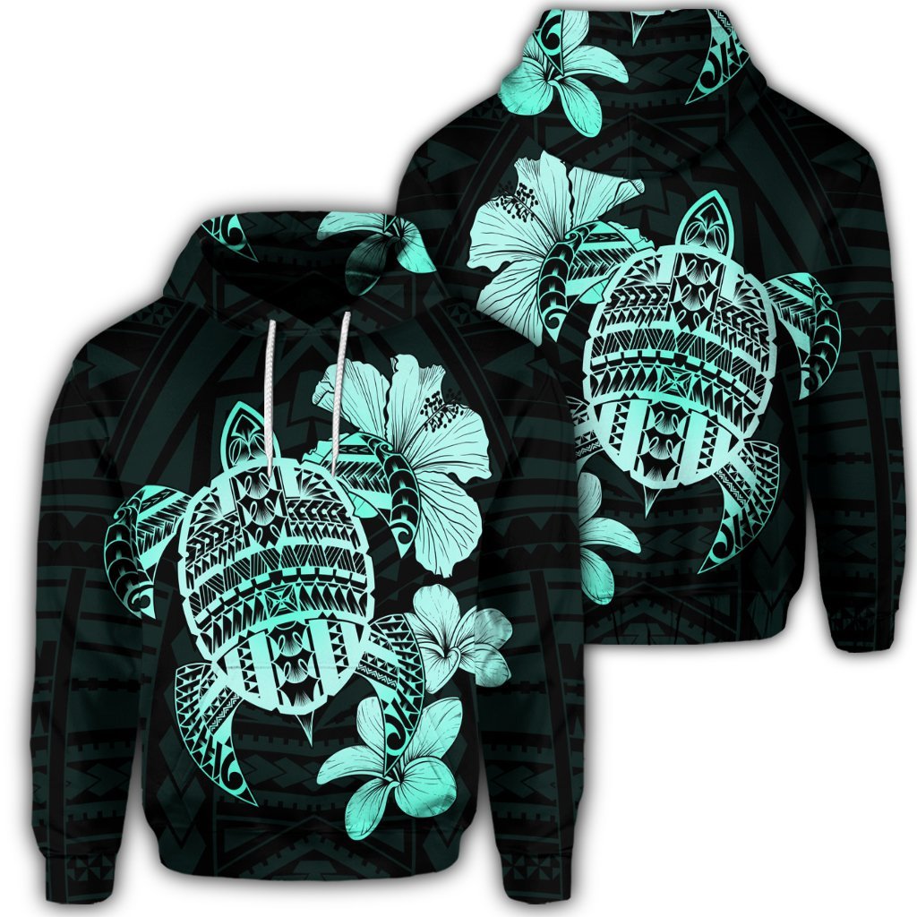 Hawaiian Kanaka Hibiscus Plumeria Mix Polynesian Turtle Hoodie Turquoise Unisex Art - Polynesian Pride