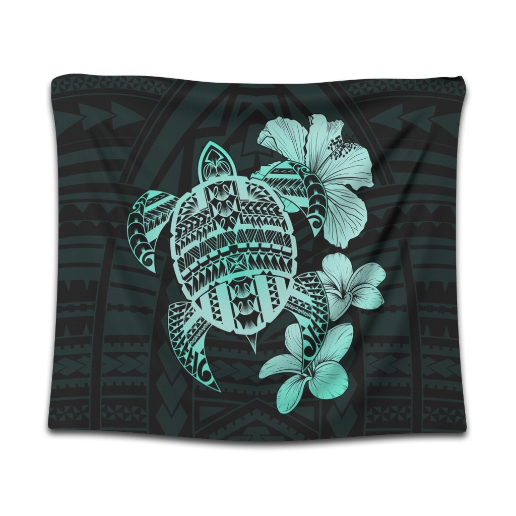 Hawaiian Kanaka Hibiscus Plumeria Mix Polynesian Turtle Tapestry - Turquoise - AH Wall Tapestry Black - Polynesian Pride