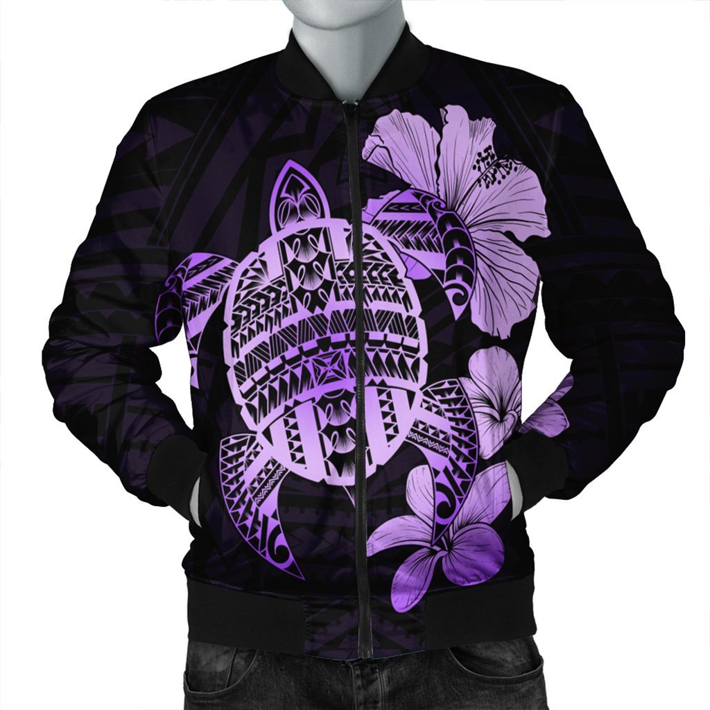 Hawaiian Kanaka Hibiscus Plumeria Mix Polynesian Turtle Bomber Jacket - Violet - AH Black Unisex - Polynesian Pride