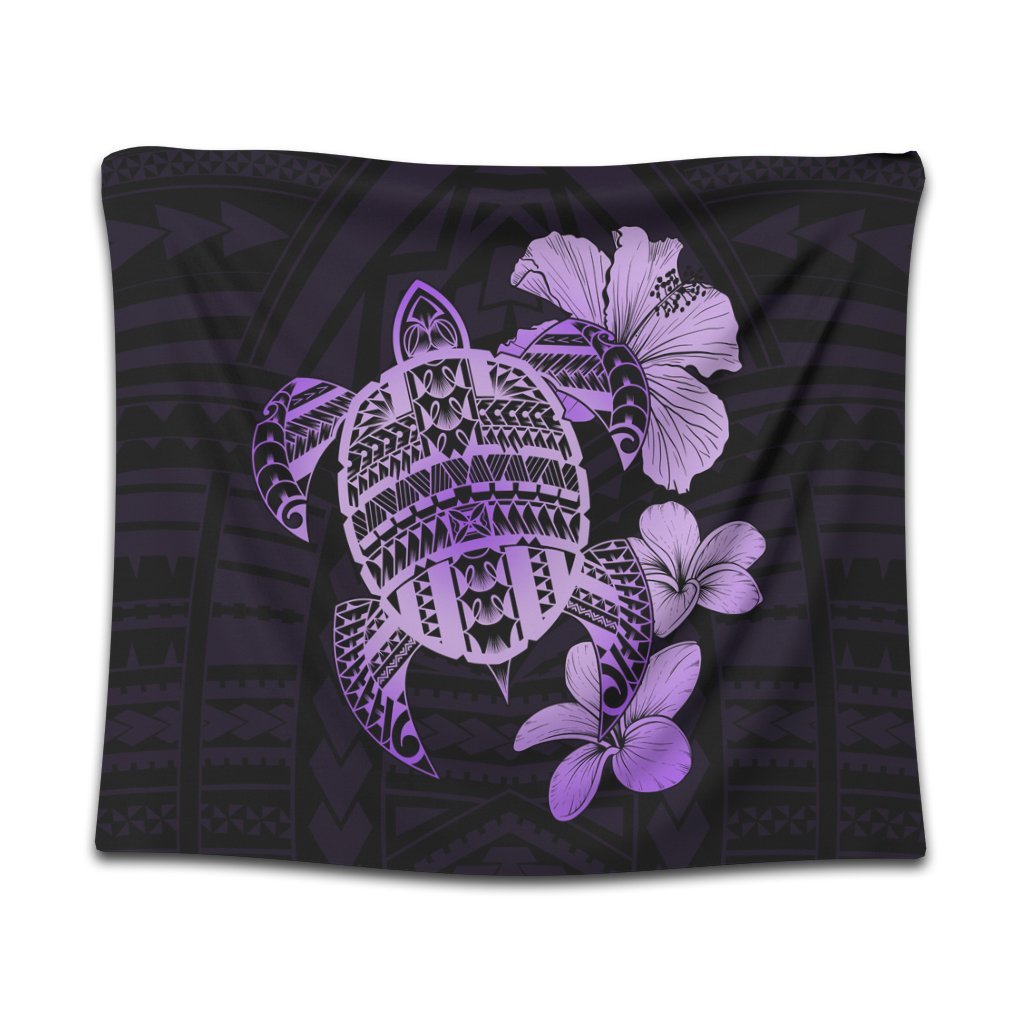 Hawaiian Kanaka Hibiscus Plumeria Mix Polynesian Turtle Tapestry - Violet - AH Wall Tapestry Black - Polynesian Pride