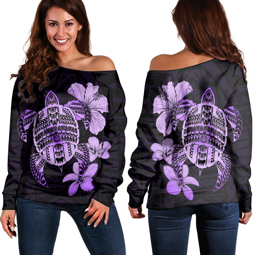 Hawaiian Kanaka Hibiscus Plumeria Mix Polynesian Turtle Women's Off Shoulder Sweater - Violet - AH Black - Polynesian Pride