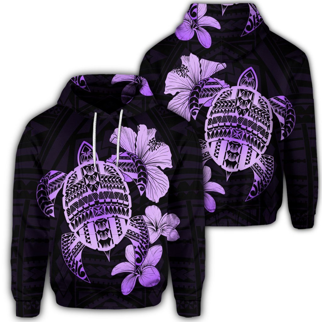 Hawaiian Kanaka Hibiscus Plumeria Mix Polynesian Turtle Hoodie Violet Unisex Art - Polynesian Pride