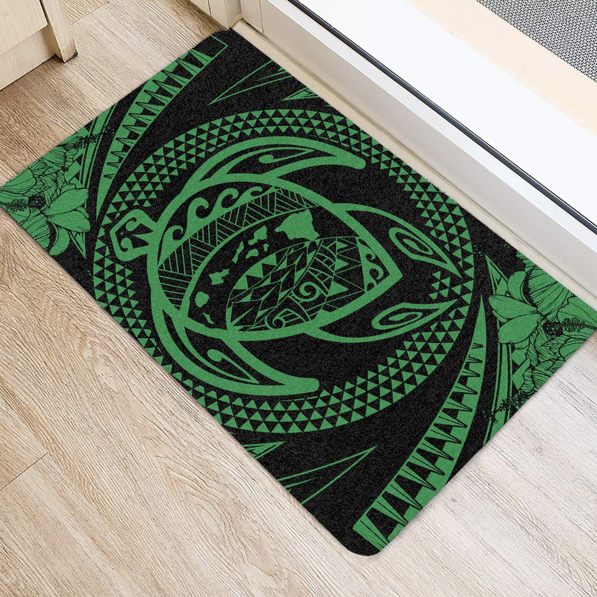 Hawaiian Kanaka Honu Hibiscus Tornado Polynesian Door Mat Green AH - Polynesian Pride