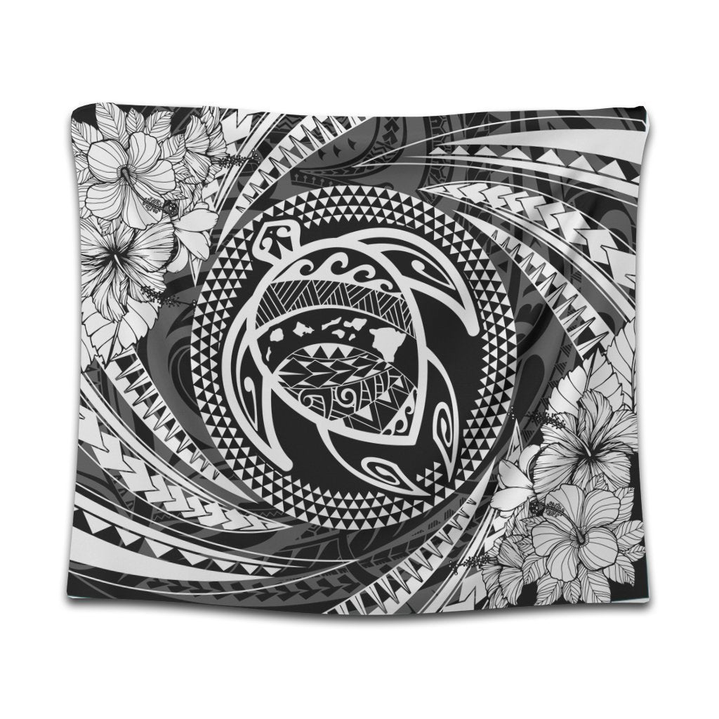 Hawaiian Kanaka Honu Hibiscus Tornando Polynesian Tapestry - AH Wall Tapestry Black - Polynesian Pride