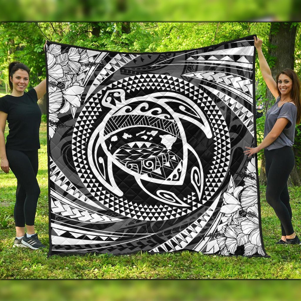 Hawaiian Kanaka Honu Hibiscus Tornando Polynesian Premium Quilts - AH Black - Polynesian Pride