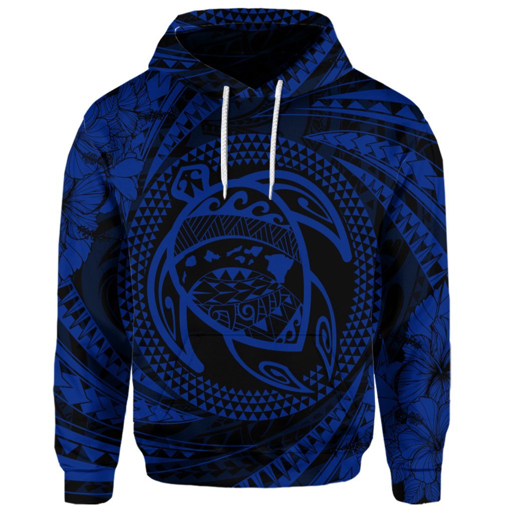 Custom Hawaiian Kanaka Honu Hibiscus Tornando Polynesian Blue Hoodie - Polynesian Pride