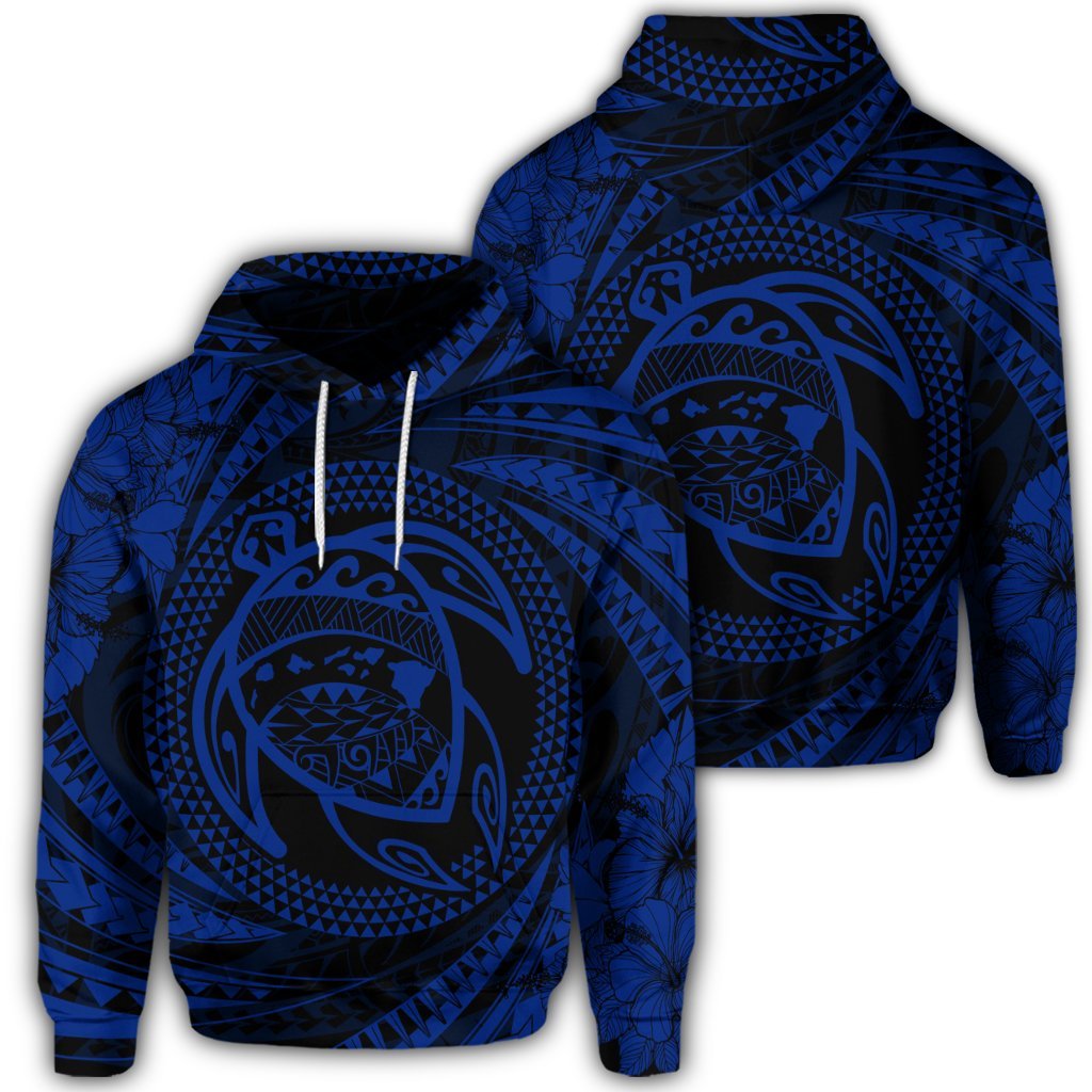 Hawaiian Kanaka Honu Hibiscus Tornando Polynesian Blue Hoodie Unisex Art - Polynesian Pride