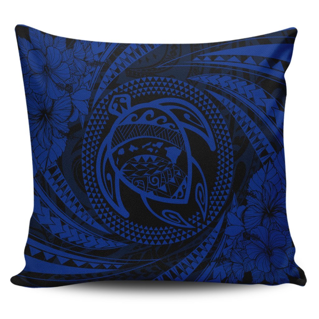 Hawaiian Kanaka Honu Hibiscus Tornando Polynesian Blue Pillow Covers - AH Pillow Covers Black - Polynesian Pride